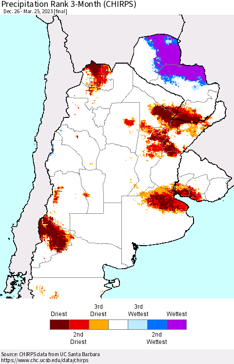Southern South America Precipitation Rank since 1981, 3-Month (CHIRPS) Thematic Map For 12/26/2022 - 3/25/2023