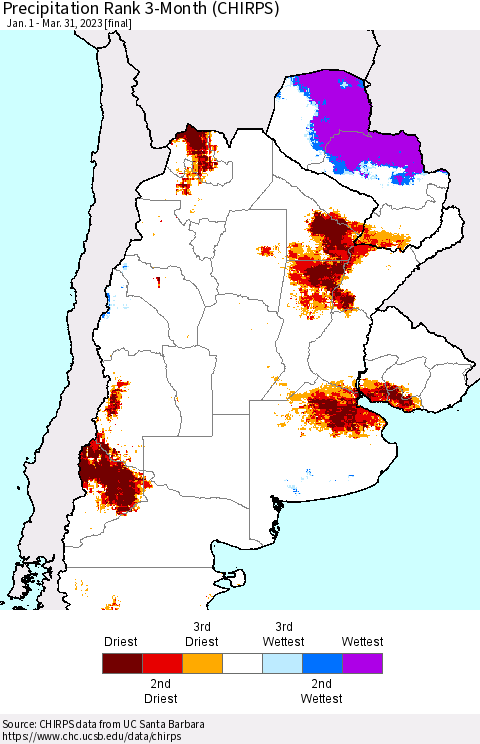 Southern South America Precipitation Rank since 1981, 3-Month (CHIRPS) Thematic Map For 1/1/2023 - 3/31/2023