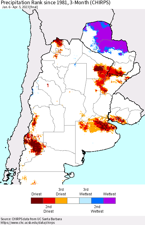 Southern South America Precipitation Rank since 1981, 3-Month (CHIRPS) Thematic Map For 1/6/2023 - 4/5/2023