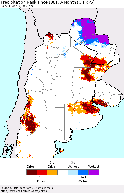 Southern South America Precipitation Rank since 1981, 3-Month (CHIRPS) Thematic Map For 1/11/2023 - 4/10/2023