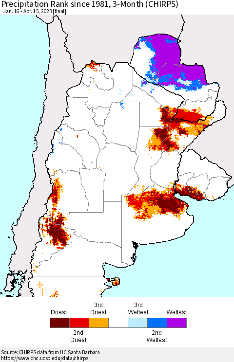 Southern South America Precipitation Rank since 1981, 3-Month (CHIRPS) Thematic Map For 1/16/2023 - 4/15/2023