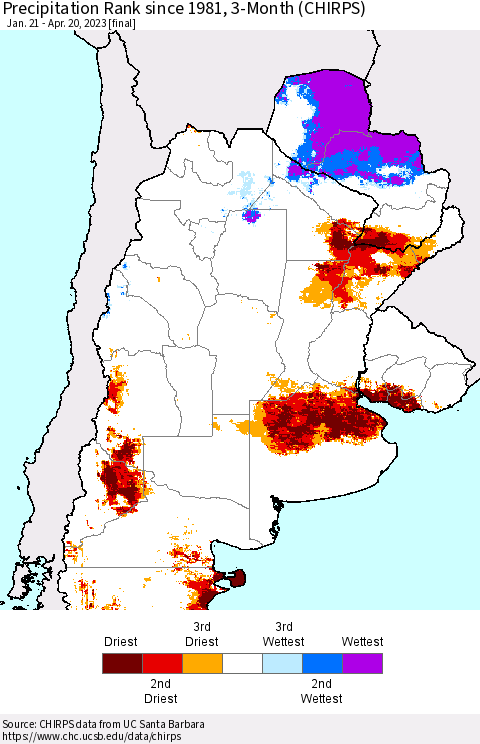 Southern South America Precipitation Rank since 1981, 3-Month (CHIRPS) Thematic Map For 1/21/2023 - 4/20/2023