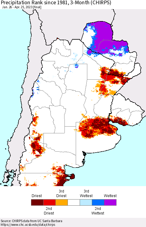 Southern South America Precipitation Rank since 1981, 3-Month (CHIRPS) Thematic Map For 1/26/2023 - 4/25/2023