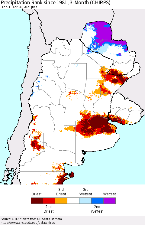 Southern South America Precipitation Rank since 1981, 3-Month (CHIRPS) Thematic Map For 2/1/2023 - 4/30/2023