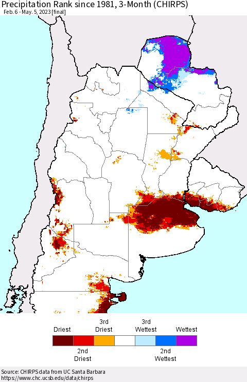 Southern South America Precipitation Rank since 1981, 3-Month (CHIRPS) Thematic Map For 2/6/2023 - 5/5/2023