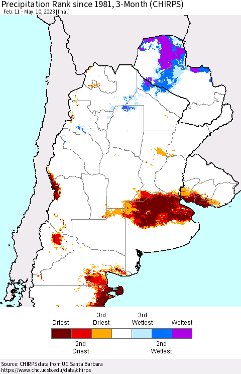 Southern South America Precipitation Rank since 1981, 3-Month (CHIRPS) Thematic Map For 2/11/2023 - 5/10/2023