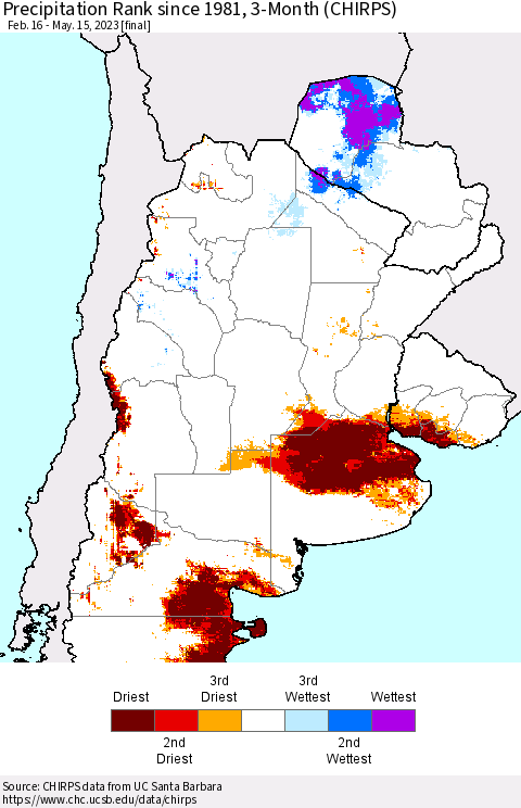 Southern South America Precipitation Rank since 1981, 3-Month (CHIRPS) Thematic Map For 2/16/2023 - 5/15/2023