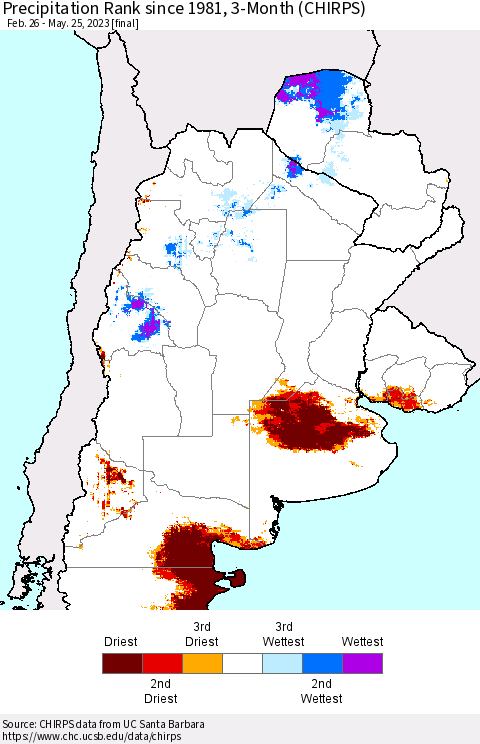 Southern South America Precipitation Rank since 1981, 3-Month (CHIRPS) Thematic Map For 2/26/2023 - 5/25/2023