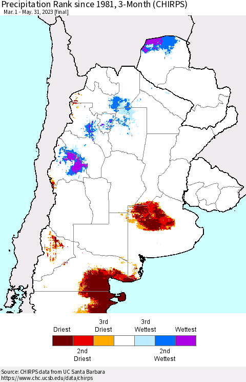 Southern South America Precipitation Rank since 1981, 3-Month (CHIRPS) Thematic Map For 3/1/2023 - 5/31/2023