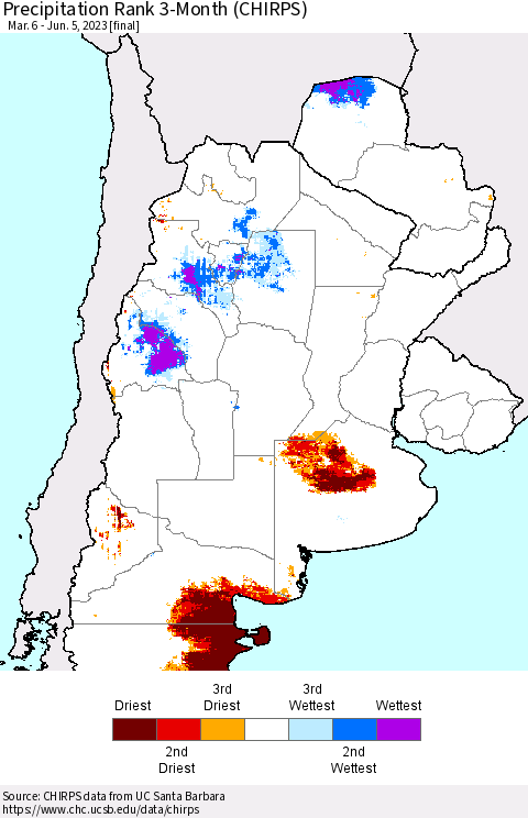 Southern South America Precipitation Rank since 1981, 3-Month (CHIRPS) Thematic Map For 3/6/2023 - 6/5/2023