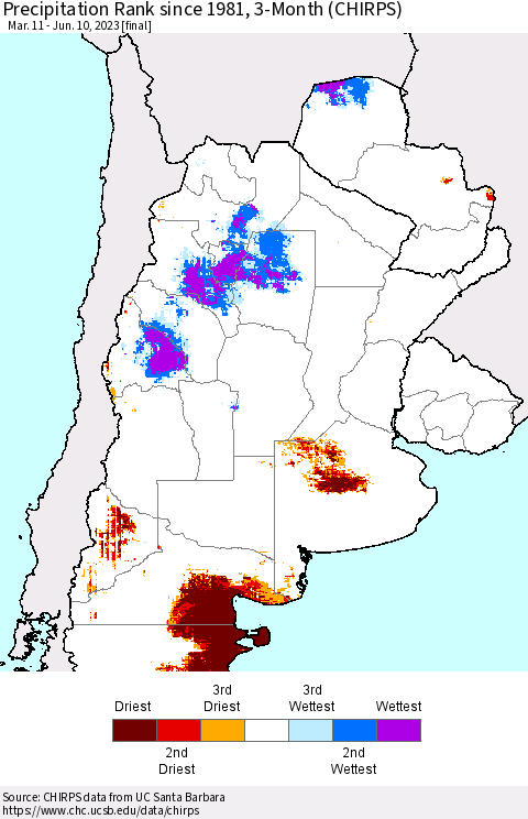 Southern South America Precipitation Rank since 1981, 3-Month (CHIRPS) Thematic Map For 3/11/2023 - 6/10/2023