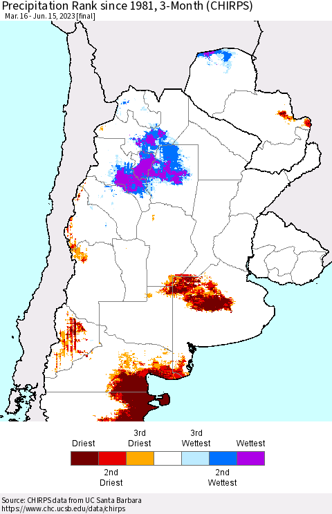 Southern South America Precipitation Rank since 1981, 3-Month (CHIRPS) Thematic Map For 3/16/2023 - 6/15/2023