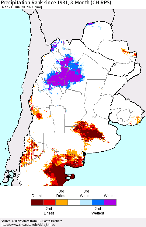Southern South America Precipitation Rank since 1981, 3-Month (CHIRPS) Thematic Map For 3/21/2023 - 6/20/2023