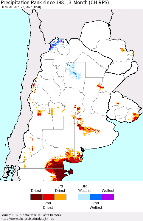 Southern South America Precipitation Rank since 1981, 3-Month (CHIRPS) Thematic Map For 3/26/2023 - 6/25/2023