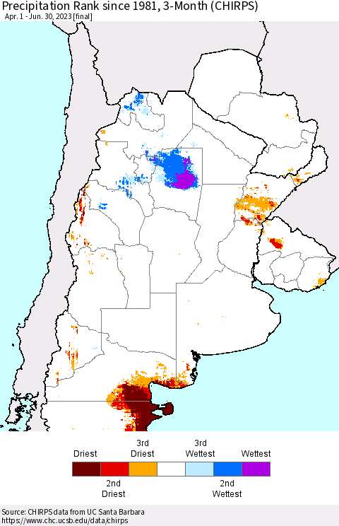 Southern South America Precipitation Rank since 1981, 3-Month (CHIRPS) Thematic Map For 4/1/2023 - 6/30/2023