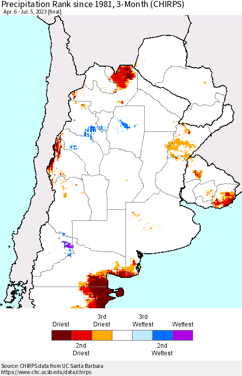 Southern South America Precipitation Rank since 1981, 3-Month (CHIRPS) Thematic Map For 4/6/2023 - 7/5/2023