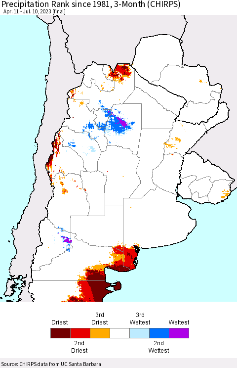 Southern South America Precipitation Rank since 1981, 3-Month (CHIRPS) Thematic Map For 4/11/2023 - 7/10/2023