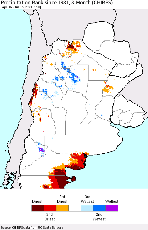Southern South America Precipitation Rank since 1981, 3-Month (CHIRPS) Thematic Map For 4/16/2023 - 7/15/2023