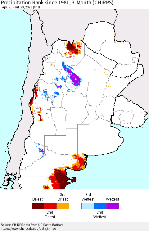 Southern South America Precipitation Rank since 1981, 3-Month (CHIRPS) Thematic Map For 4/21/2023 - 7/20/2023
