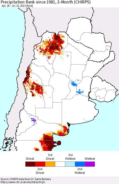 Southern South America Precipitation Rank since 1981, 3-Month (CHIRPS) Thematic Map For 4/26/2023 - 7/25/2023