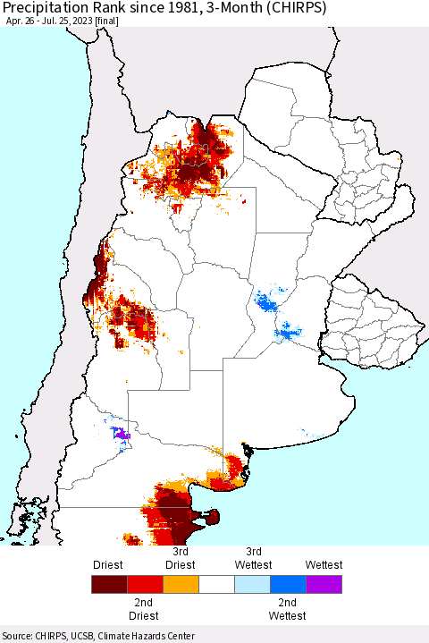 Southern South America Precipitation Rank since 1981, 3-Month (CHIRPS) Thematic Map For 4/26/2023 - 7/25/2023