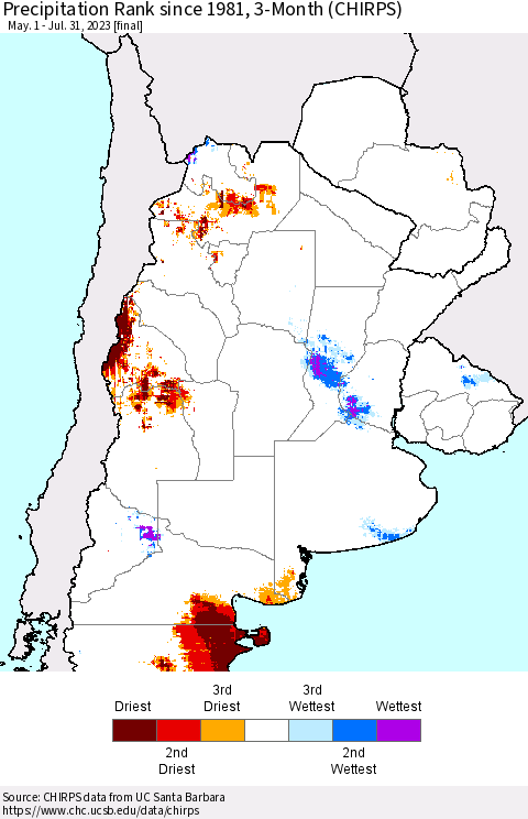 Southern South America Precipitation Rank since 1981, 3-Month (CHIRPS) Thematic Map For 5/1/2023 - 7/31/2023