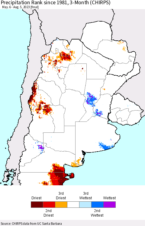Southern South America Precipitation Rank since 1981, 3-Month (CHIRPS) Thematic Map For 5/6/2023 - 8/5/2023