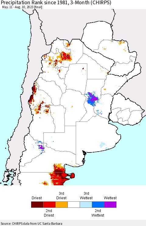 Southern South America Precipitation Rank since 1981, 3-Month (CHIRPS) Thematic Map For 5/11/2023 - 8/10/2023