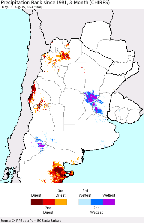 Southern South America Precipitation Rank since 1981, 3-Month (CHIRPS) Thematic Map For 5/16/2023 - 8/15/2023