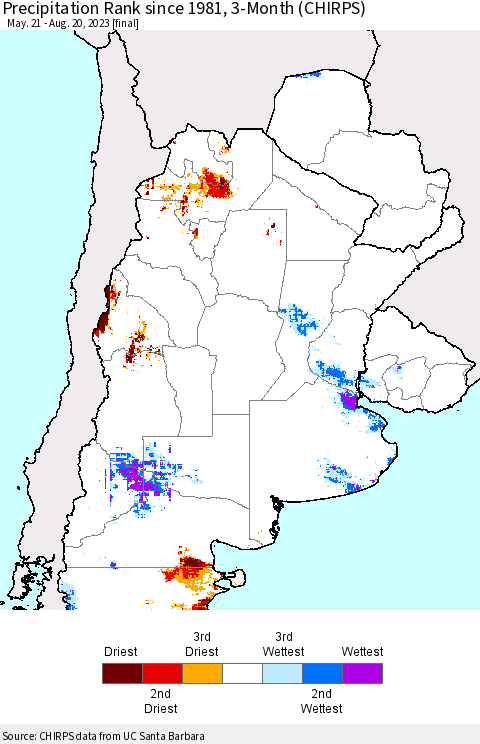 Southern South America Precipitation Rank since 1981, 3-Month (CHIRPS) Thematic Map For 5/21/2023 - 8/20/2023