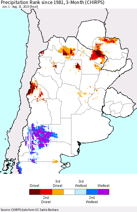 Southern South America Precipitation Rank since 1981, 3-Month (CHIRPS) Thematic Map For 6/1/2023 - 8/31/2023