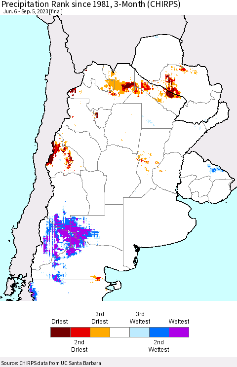 Southern South America Precipitation Rank since 1981, 3-Month (CHIRPS) Thematic Map For 6/6/2023 - 9/5/2023