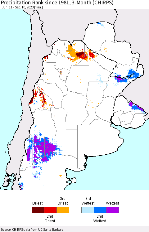 Southern South America Precipitation Rank since 1981, 3-Month (CHIRPS) Thematic Map For 6/11/2023 - 9/10/2023