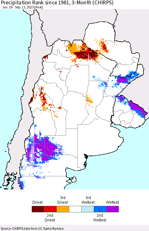 Southern South America Precipitation Rank since 1981, 3-Month (CHIRPS) Thematic Map For 6/16/2023 - 9/15/2023