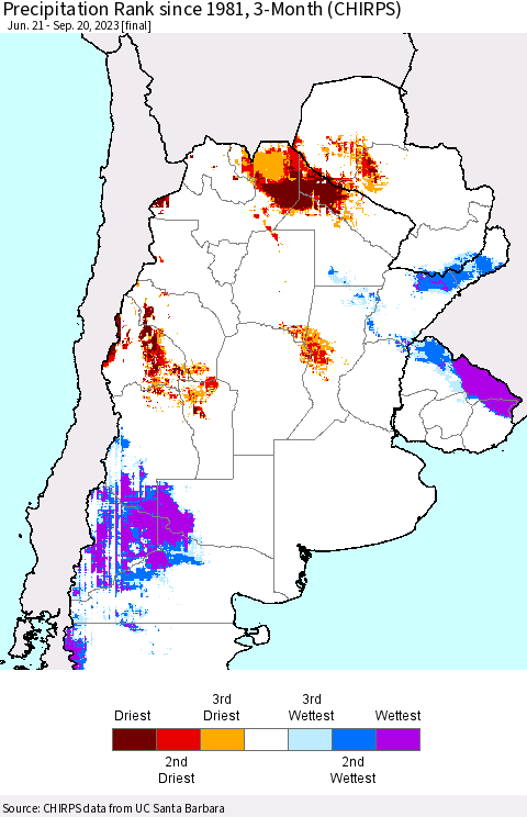 Southern South America Precipitation Rank since 1981, 3-Month (CHIRPS) Thematic Map For 6/21/2023 - 9/20/2023