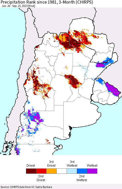 Southern South America Precipitation Rank since 1981, 3-Month (CHIRPS) Thematic Map For 6/26/2023 - 9/25/2023