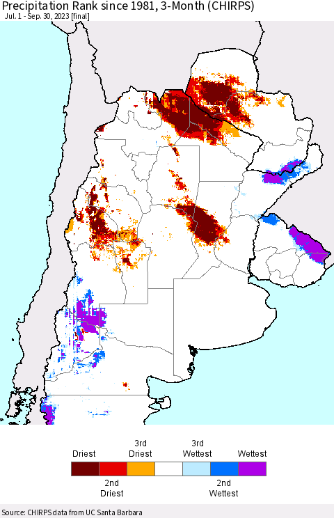 Southern South America Precipitation Rank since 1981, 3-Month (CHIRPS) Thematic Map For 7/1/2023 - 9/30/2023