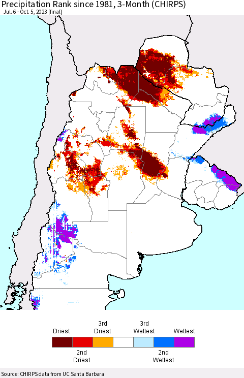 Southern South America Precipitation Rank since 1981, 3-Month (CHIRPS) Thematic Map For 7/6/2023 - 10/5/2023