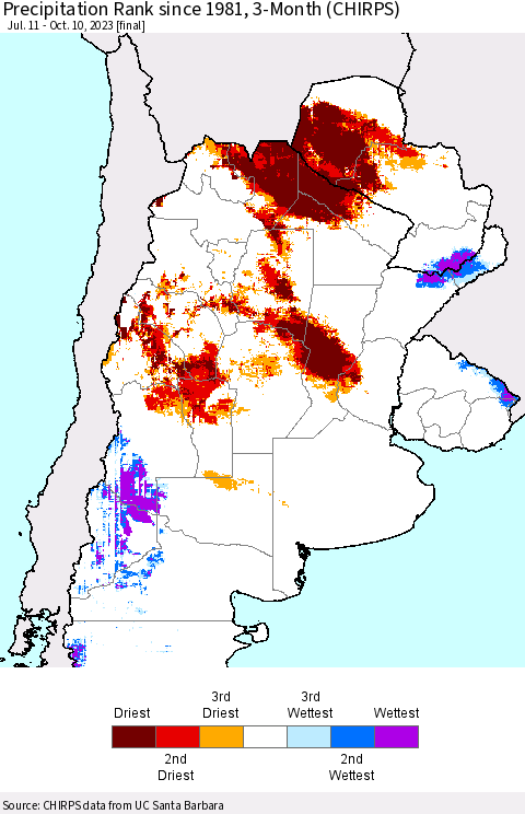 Southern South America Precipitation Rank since 1981, 3-Month (CHIRPS) Thematic Map For 7/11/2023 - 10/10/2023