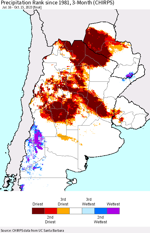Southern South America Precipitation Rank since 1981, 3-Month (CHIRPS) Thematic Map For 7/16/2023 - 10/15/2023