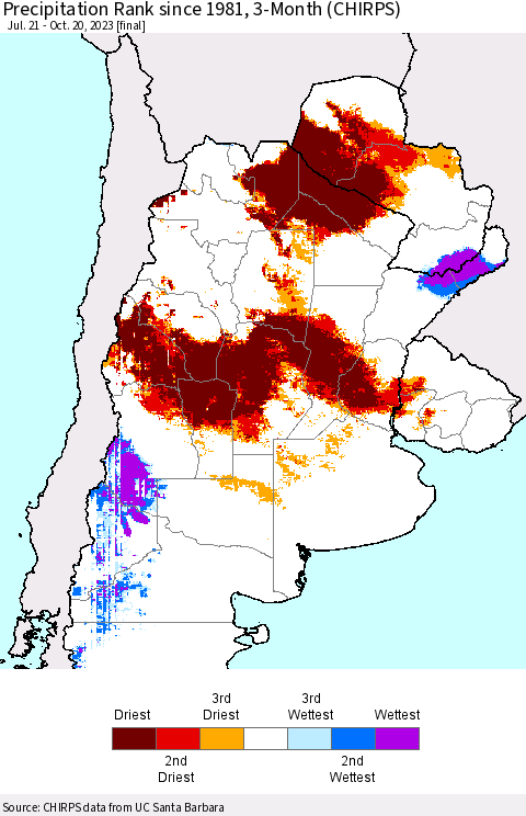Southern South America Precipitation Rank since 1981, 3-Month (CHIRPS) Thematic Map For 7/21/2023 - 10/20/2023