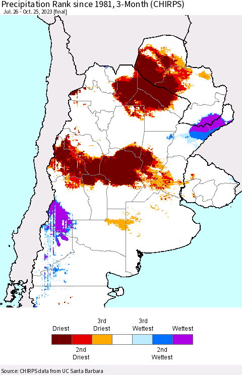 Southern South America Precipitation Rank since 1981, 3-Month (CHIRPS) Thematic Map For 7/26/2023 - 10/25/2023