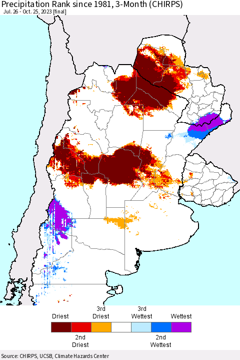 Southern South America Precipitation Rank since 1981, 3-Month (CHIRPS) Thematic Map For 7/26/2023 - 10/25/2023