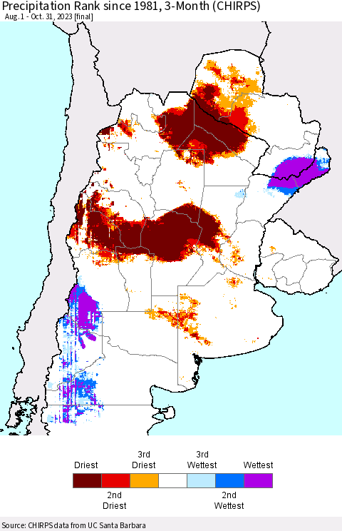 Southern South America Precipitation Rank since 1981, 3-Month (CHIRPS) Thematic Map For 8/1/2023 - 10/31/2023