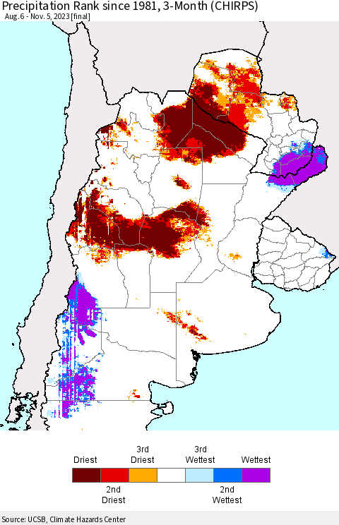 Southern South America Precipitation Rank since 1981, 3-Month (CHIRPS) Thematic Map For 8/6/2023 - 11/5/2023