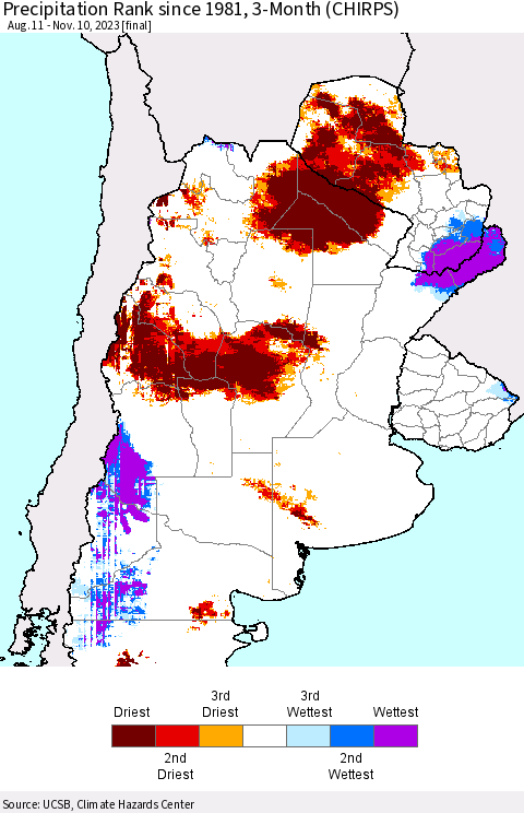 Southern South America Precipitation Rank since 1981, 3-Month (CHIRPS) Thematic Map For 8/11/2023 - 11/10/2023