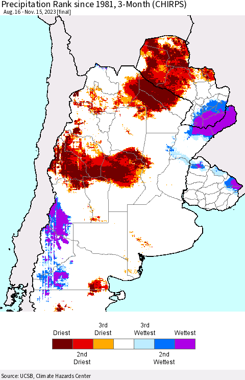 Southern South America Precipitation Rank since 1981, 3-Month (CHIRPS) Thematic Map For 8/16/2023 - 11/15/2023