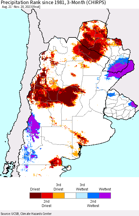 Southern South America Precipitation Rank since 1981, 3-Month (CHIRPS) Thematic Map For 8/21/2023 - 11/20/2023