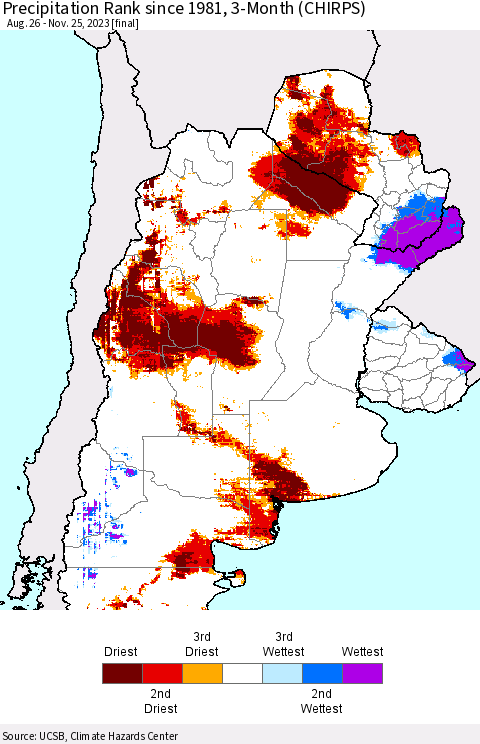 Southern South America Precipitation Rank since 1981, 3-Month (CHIRPS) Thematic Map For 8/26/2023 - 11/25/2023