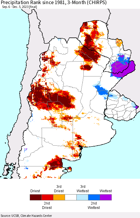 Southern South America Precipitation Rank since 1981, 3-Month (CHIRPS) Thematic Map For 9/6/2023 - 12/5/2023